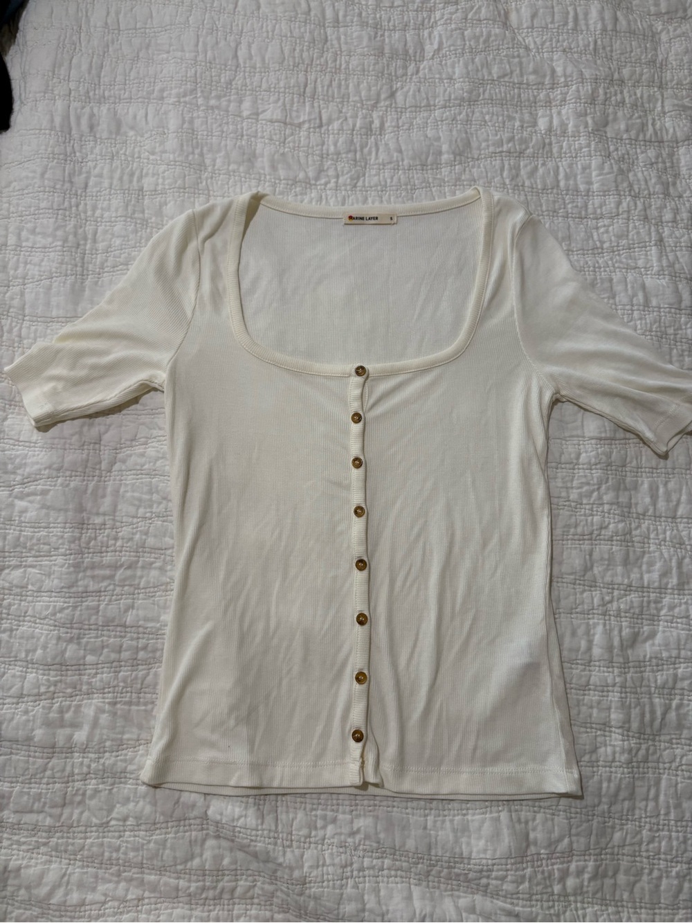 NWOT Marine Layer Cream Scoop Neck Short Sleeve Button-Front Top